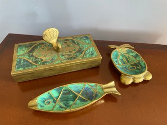 3 Brass & Stone Decorative Pieces