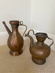 Two Copper Pitchers No Lids