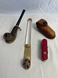Swiss Army Knife, Pipe, Magnifying Glass