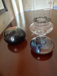 Lacquered Hand Painted Trinket Box, Small Glass Decor And Paper Weight