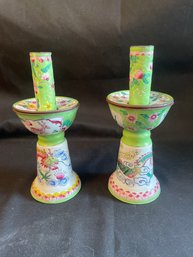 Pr Of Enamel Candlesticks W Bobeches     (L)