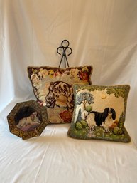 Durwin Rice Octagonal Plate, Needlepoint KCC Pillows    (L)