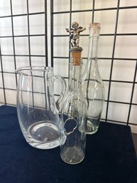 Glass Pitcher And 2 Bottles With Stoppers