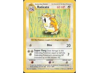 Vintage Pokemon 1999  Base Set (Shadowless) Raticate