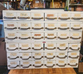Two Matching Vintage 18-Drawer Wooden Apothecary Style Parts Cabinets Stacked