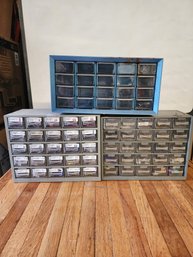 Lot Of 3 Metal Frame Multi Drawer Storage Cabinets With Plastic Organizer Bins