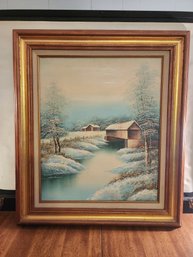 Vintage Lockwood Winter Landscape Oil Painting Framed Covered Bridge Snow Scene