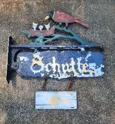 Vintage Cast Iron Hanging Welcome Sign Post With Robin Bird Nest Accent