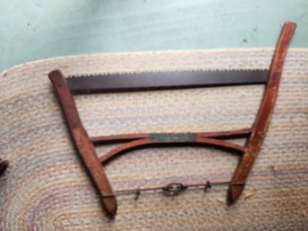 Antique Wooden Frame Bow Saw  Primitive Bucksaw Logging Tool With Turnbuckle
