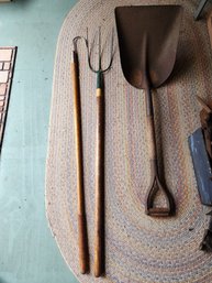 Vintage Farm Tools Lot  D-Handle Shovel, 3-Tine Pitchfork & Long Hook Tool