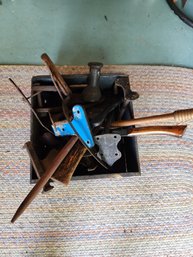 Vintage Antique Tool Lot With Wooden Box  Hand Tools Collection, Sickle, Mallet Ax, And Hardware