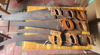 Vintage Hand Saw Lot Antique Carved Wood Handle Crosscut And Pruning Saws