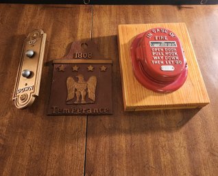 Brass Elevator Call Button, Standard Electric Fire Alarm, Temperance Plaque Lot