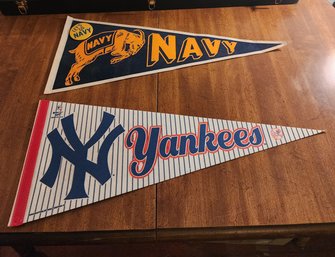 Vintage Sports Pennant Lot - New York Yankees Pinstripe & Navy Midshipmen Bill The Goat