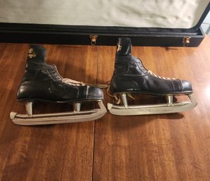 Vintage American Cougar Black Leather Ice Hockey Skates With Metal Blades