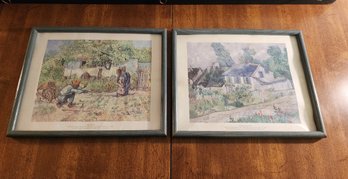 Pair Of Vintage Vincent Van Gogh Framed Art Prints First Steps & Cottages Cordeville