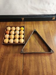 Billiard Balls Set Vintage Wooden Tray And Wooden Triangle Rack Lot