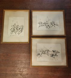Lot Of 3 Vintage Framed Polo Match Etchings