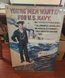 Vintage US Navy Recruitment Print Sign Young Men Wanted For U.S. Navy