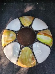 Vintage Mid-Century Tiffany Style 8-Panel Bent Slag Glass Lamp Shade Amber White
