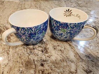 Lilly Pulitzer Ceramic Mug Set Of 2 Blue Purple Floral Gold Accent Handle Wear