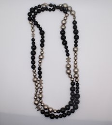 Rare Authentic Chanel Runway Black & Silver Tone CC Long Classic Necklace