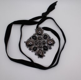Chanel Enamel Pendant With Velvet Ribbon