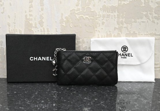 Chanel Black Quilted Caviar Leather Zip Pouch With Chain