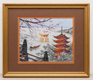 Japanese Pagoda & Cherry Blossom Silk Embroidery Artwork