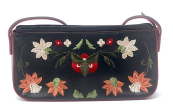 Adrienne Vittadini Embroidered Black Leather Handbag