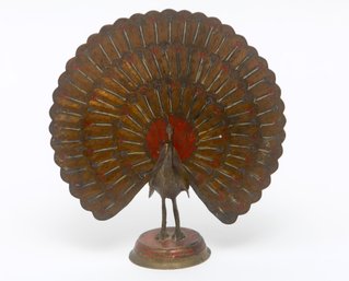 Early 20th Century Anglo-Indian Polychrome Etched Brass Peacock Figurine
