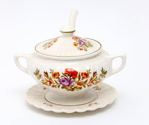 Vintage California Pottery Speckled Floral Soup Tureen & Ladle