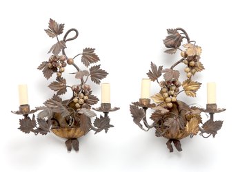 Polychrome Painted Tole Grape Candle Sconces - A Pair-
