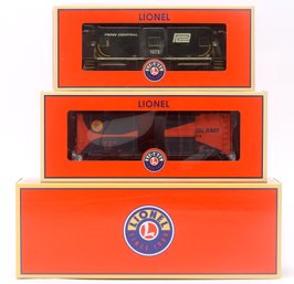 3 Lionel Train Cars. Caboose, Boxcar & Controller