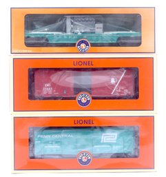 3 Lionel Train Cars. Box Car, Well Car.