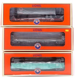 3 Lionel Train Cars. Flatbed, Gondola.