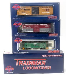4  O-gauge Atlas Trainman Boxcar, Locomotive & Caboose Train Cars