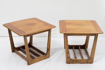 Lane Mid Century Walnut Sleigh Leg Side End Tables- A Pair