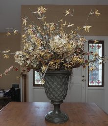 Large Decorative Resin Urn With Faux Hydrangea & Orchid Floral Arrangement