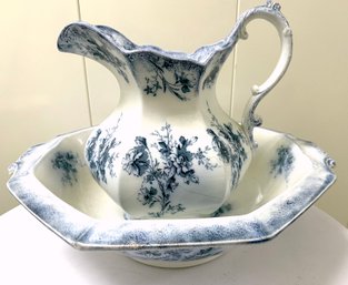 Large Blue And White Wash Bowl And Water Pitcher