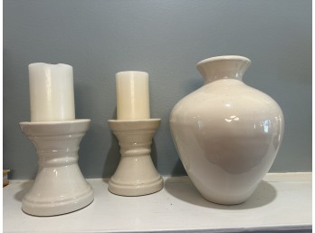 Pottery Barn Pair Of White Candle Holders And Bulb Vase