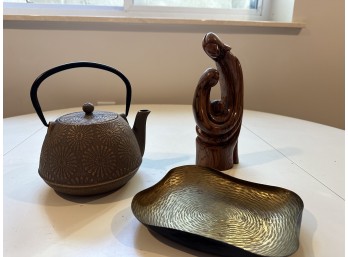 Cast Iron Kettle Teapot, Brass Plate And Olive Wood Nativity Sculpture