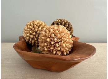 Decorative Wooden Bowl With Dried Flower Display