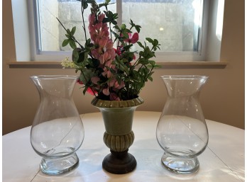 Matching Glass Hurricanes And Faux Flower Vase