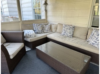 Outdoor Chair, Sectional Sofa With Cushions, And Matching Glass And Wicker Coffee Table (Also Includes Blue And White Pillows And Blankets)
