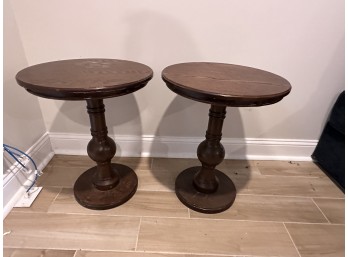 Pair Of Wooden Pedestal Side Tables (Some Wear To Tabletops)