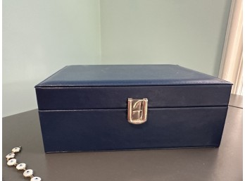 Blue Leather Jewelry Box And Collection Of Vintage Costume Jewelry