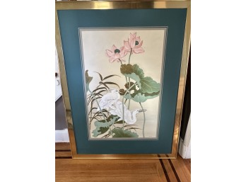 Reproduced Art Of White Lotus Pond With Two Herons In Gold Frame With Turquoise Matte Border (Marked: 'Clifton,' The MET Store)