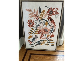 Painting Of Botanicals With Prominent Red Bird In Pinewood Frame