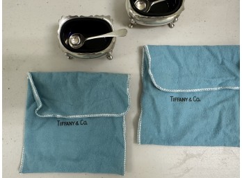 Tiffany & Co. Sterling Silver Salt Cellars With Blue Glass Inserts With Spoons And Cloth Bags